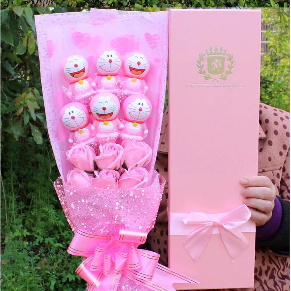 

Handicrafts plastic Doraemon pink soap flower cartoon plush bouquet Valentine's Day birthday Gifts