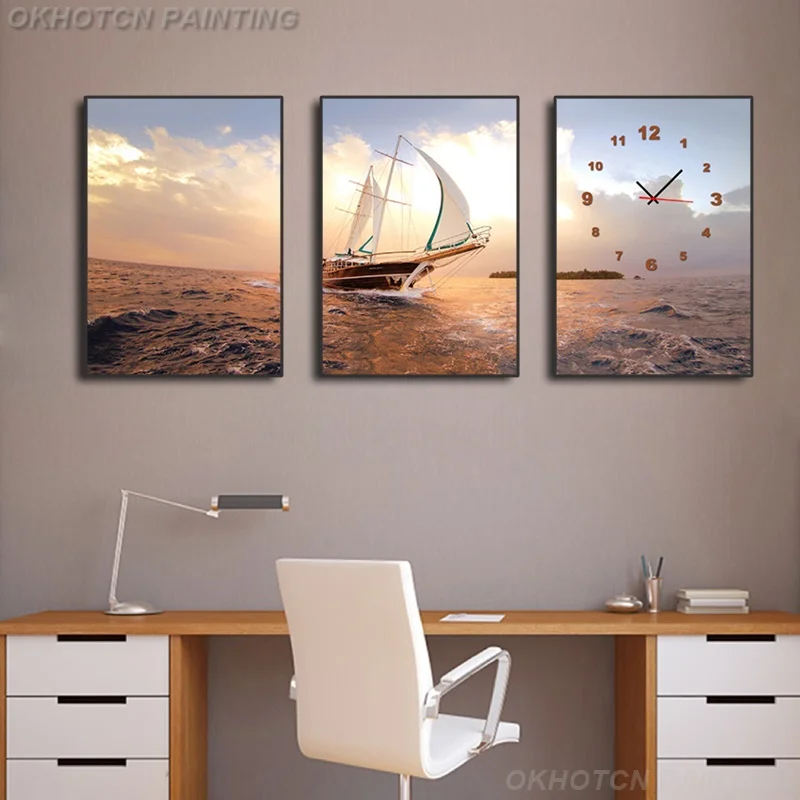 3 шт. Лодка на море с часами современная настенная Картина холсте рисунком для