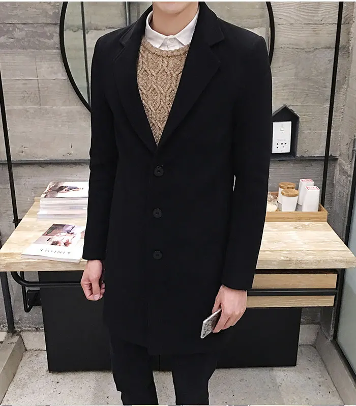 New Winter Woolen Coat Men Leisure Long Sections Woolen Coats Mens Pure Color Casual Fashion Jackets / Casual Men Overcoat