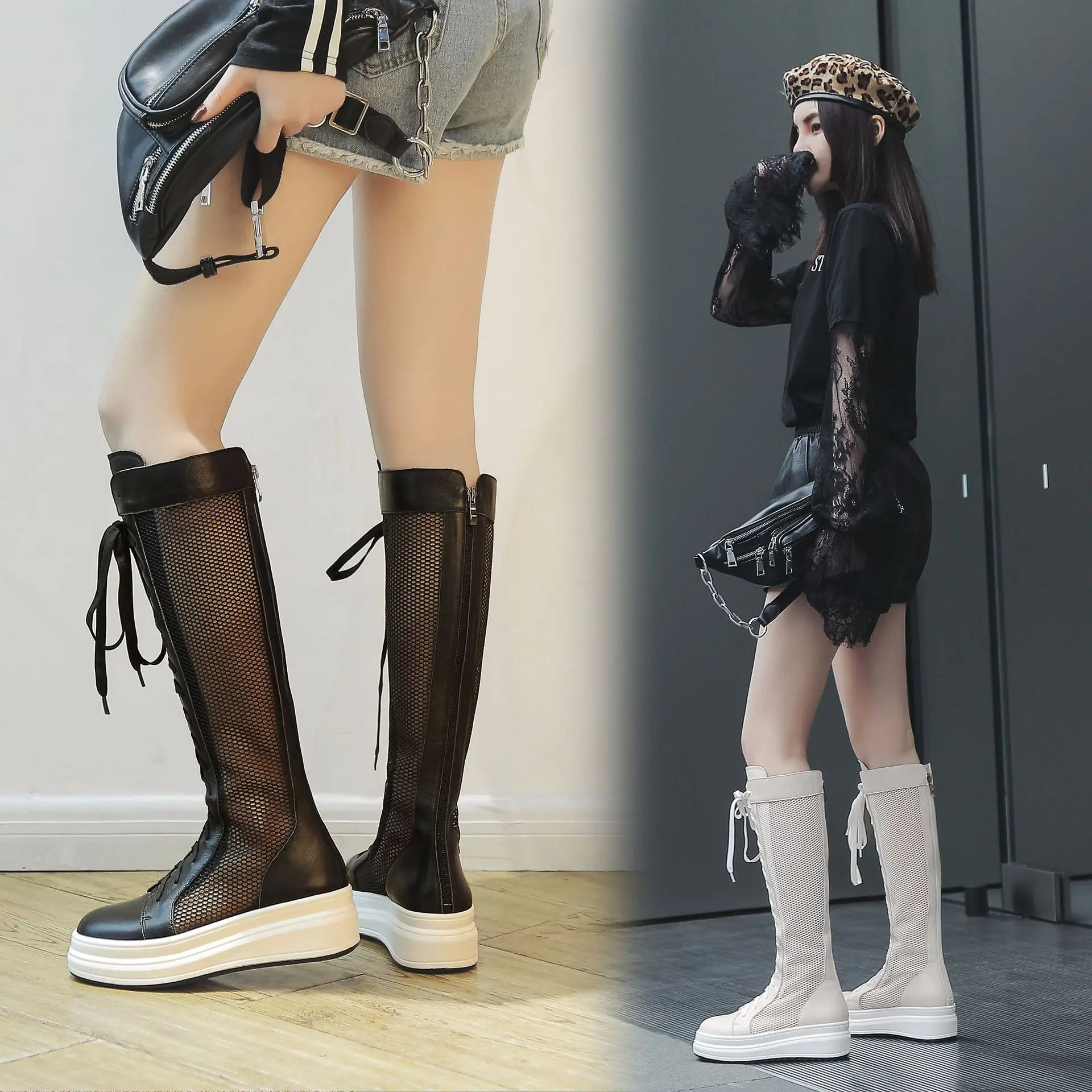 

Europe And America Lace-up Mesh Mesh Off-white Full-grain Leather Pigskin Split Leather Knee-High Boots Flat Heel Platform Ankle