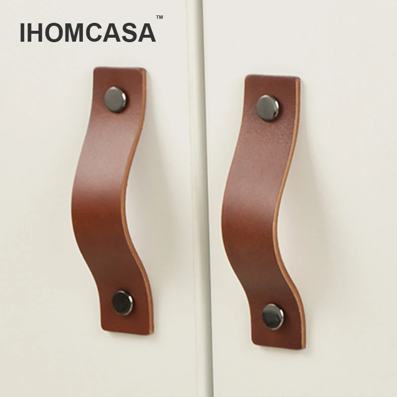 

IHOMCASA Retro Cowhide Handle Door Knobs Furniture Drawer Cupboard Kitchen Shoe Cabinet Pulls Brown Leather Handles Hardware