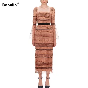 

Banulin 2020 High Quality Spring New Arrive Mesh Lace bodycon sexy women dress backless flare sleeve party dress