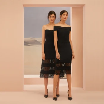 

Elegant Black Pink Bandage Dress Evening Party Dresses Off Shoulder Backless Lace Bodycon Midi Celebrity Vestidos Wholesale