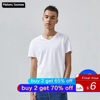 

Metersbonwe Men's T-shirt Solid Color Cotton Shirt V-Neck Korean Version Student Short Sleeve футболка мужская