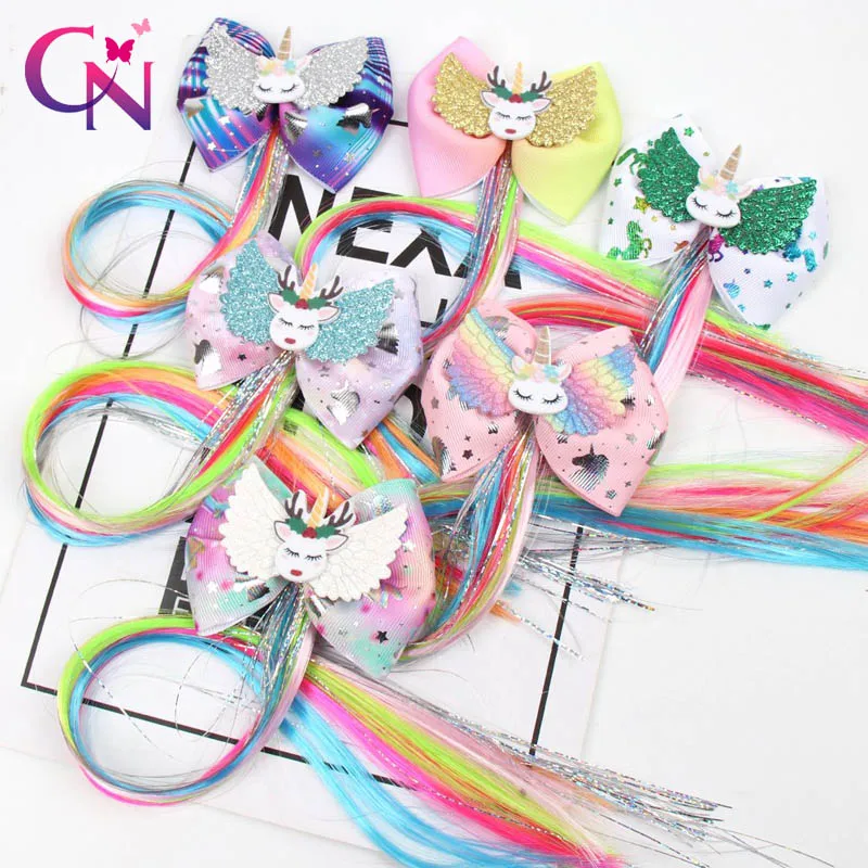 

CN 12 Pcs/lots Colorful Long Pigtails Hair Clip for Girls Unicorn Print Ribbon Glitter Wings Hair Bows Hairpins Hair Accessories