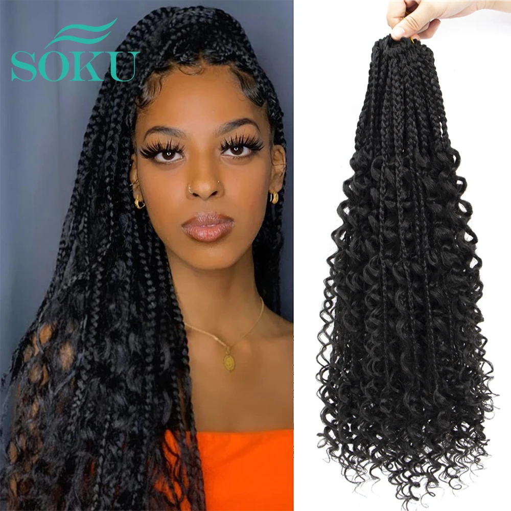 Goddess Box Braids Crochet Hair Braiding Extension For Black Women Synthetic Braid Pre looped Curly Ends SOKU |