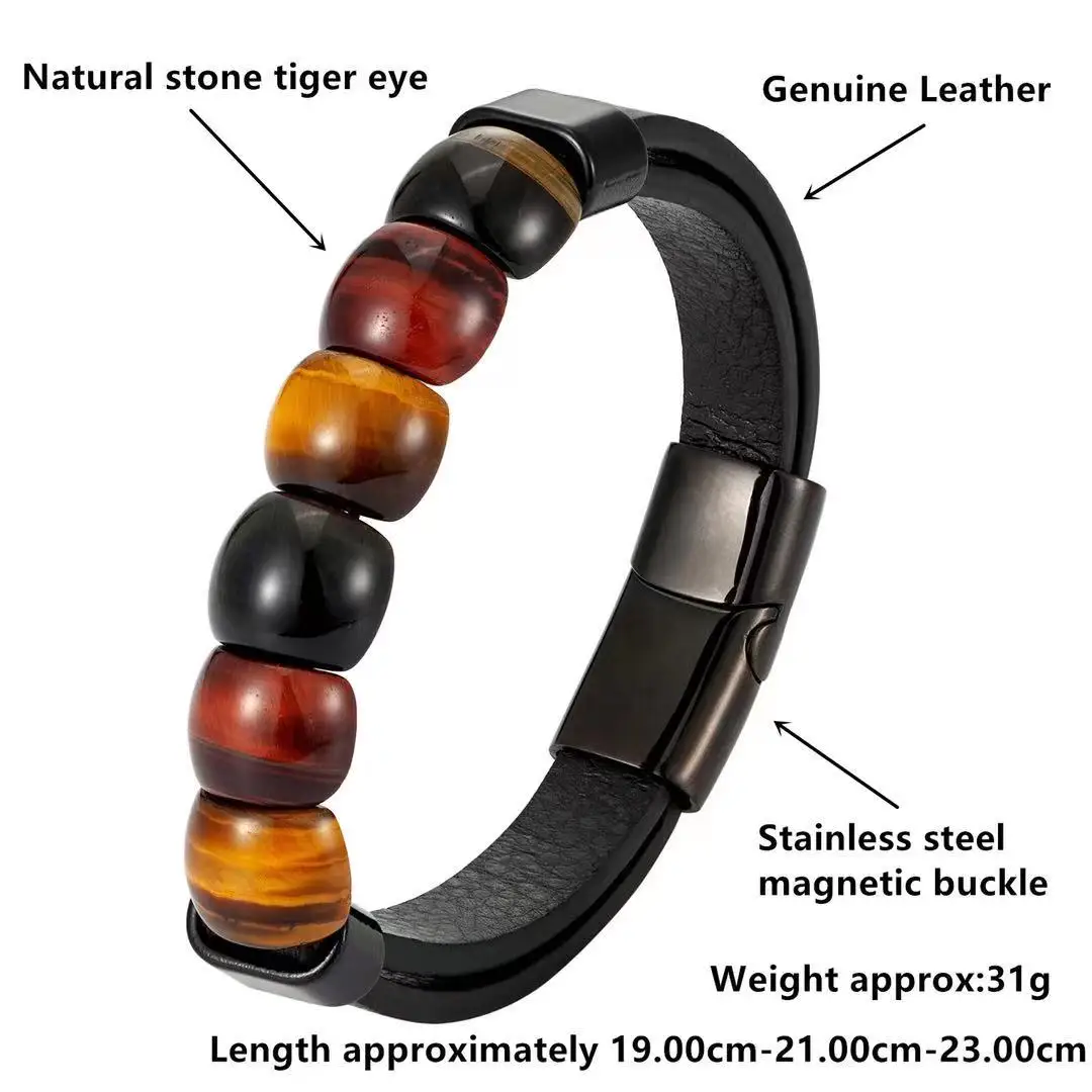 Natural Tiger's Eye Ring Face Type Male Stainless Steel Leather Cord Men's Bracelet Gift - Image 6
