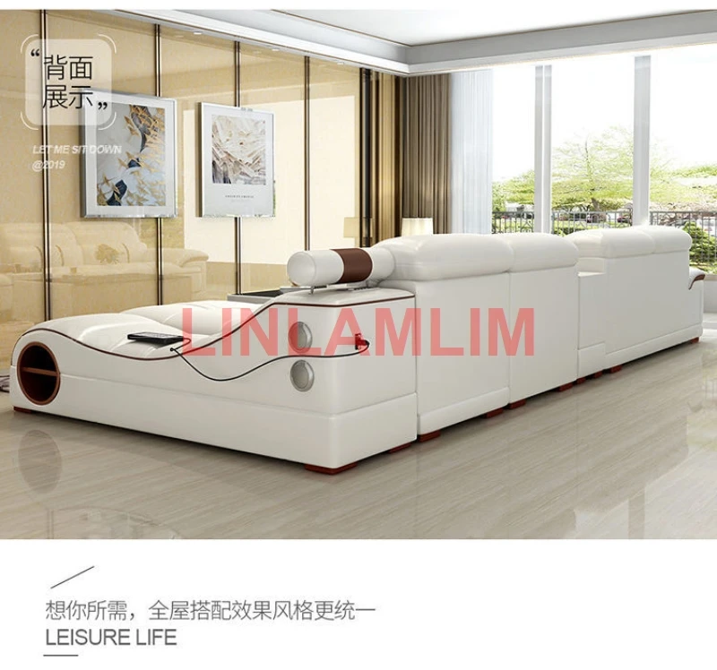Manbas Italian Leather Sofa Genuine Leather Canap&eacute; Salon Couch Massage Sofas Modernos Para Sala with Speaker, Bluetooth, USB
