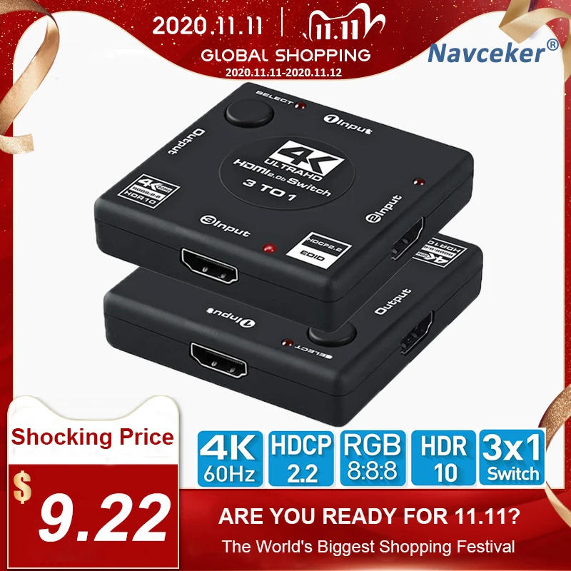 

2020 3 Port 18Gbps HDR 4K HDMI 2.0 Switch 3x1 3 In 1 Out HDMI Switch HUB Box With IR Mini HDMI Switch Remote For PS4 XBox