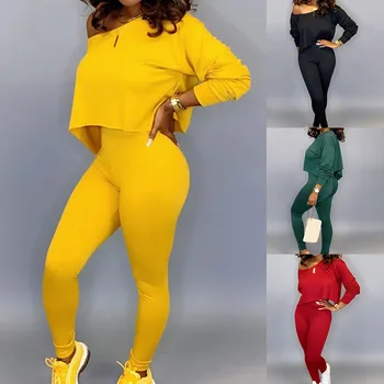 

New Women Sets 2 Pcs Sweatsuit Solid Sexy Pullover Crop Top And Seamless Leggings Two Piece Tracksuits Gym Suit Fitness Set