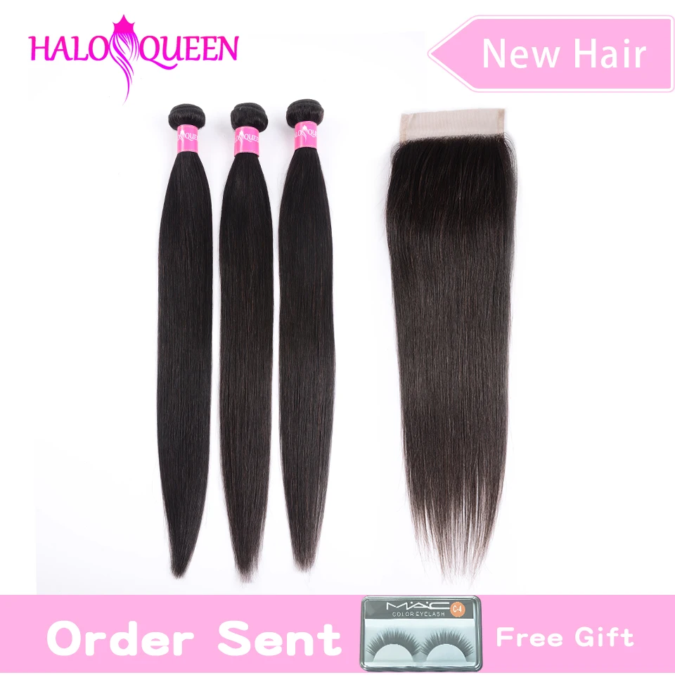 

HALOQUEEN 3 Bundles With Closure Weave With Closure Peruvian Straight Bundles With Closure 100% Human Hair Bundles With Closure