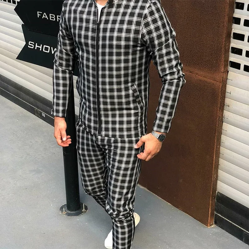 Men's Spring And Autumn Large Size Suit Casual Sports Fashion Joker Checkered Stand Collar Zipper Cardigan Jacket Trousers