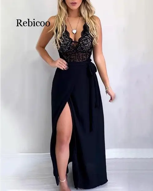 

Ladies Party Wedding Evening Formal Dress Lace Sexy Split Sleeveless Dress Fall Women Elegant Black Floor-Length Dresses
