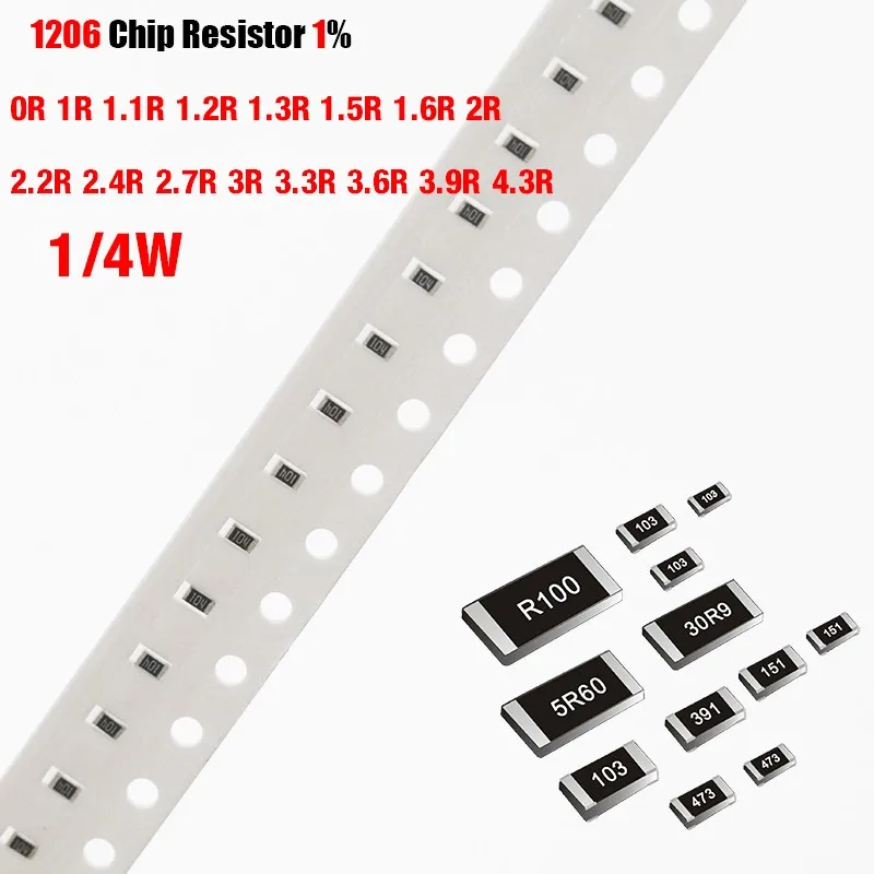 200 PCS/lot Puce résistance SMD 1206 1% 0R 1R 1.1R 1.2R 1.3R 1.5R 1.6R 2R 2.2R 2.4R 2.7R 3R 3.3R 3.6R 3.9R 4.3R Ohms 1/4W