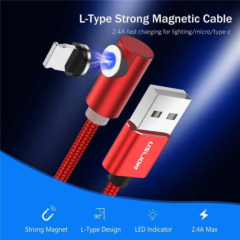 USLION 90 Degree Fast Magnetic USB Charging Cable Micro USB Type C For iPhone Samsung Huawei Magnet Phone Cable Charger Cord