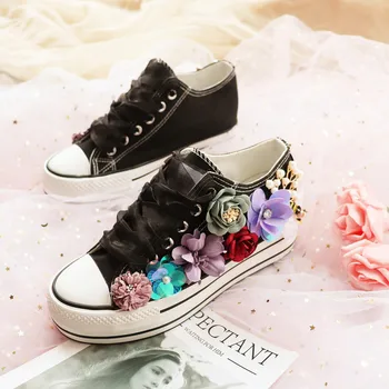 

New Spring Style Increased 6cm Muffin Thick-soled Canvas Shoes Female Flower Black Single Shoe Cloth Shoes