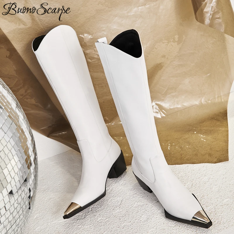 

Buono Scarpe Metal Square Toe Knee High Boots Genuine Leather Brand Design Fashion High Heel Botas Mujer Chunky Heel Zapatos Hot