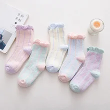 Корейские женские кружевные бархатные милые носки в Вертикальную Полоску, плотные Повседневные Дышащие носки для женщин, домашние носки