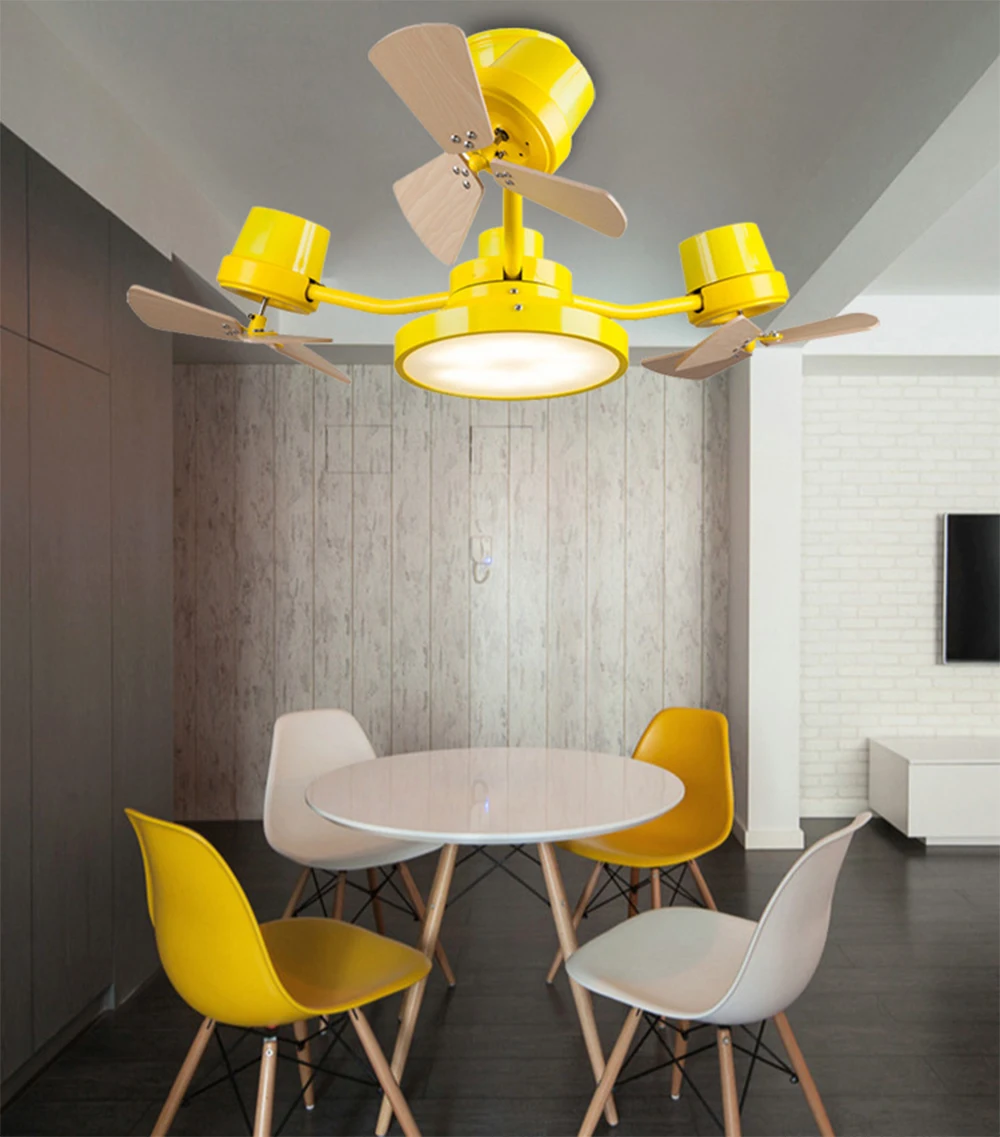 Деревянный потолочный вентилятор с светильник, вращающийся на 360 градусов светодиодный светильник для детей, детского сада, спальни, мультяшных креативных детей желтого и синего цвета