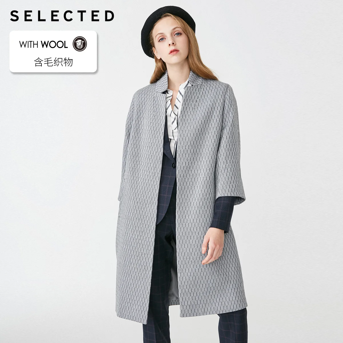 SELECTED Women Loose Fit Mid-length Herringbone Overcoat Coat| 419127507 - Цвет: TONAL GREY JACQUARD
