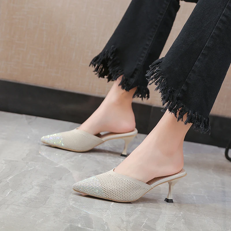 

Pointed Toe Shallow Mouth Women High Heel Slippers Mules Shoes Womem Summer Breathable Knit Rhinestone Thin Heel Slippers 2020