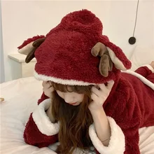 QWEEK Christmas Hooded Pajamas Women Winter Warm Flannel Sleepwear Kawaii Elk Pijamas Female Set 2 Piece Pyjamas Red Loungwear