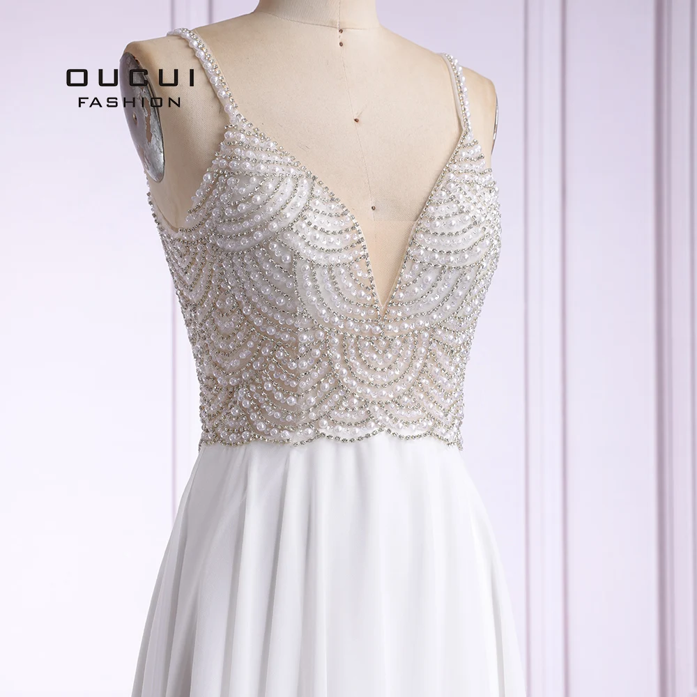 Elegant Women Evening Dress Long White Beaded Rhinestone Party Dress Backless A-line Sleeveless Evening Gown OL103439