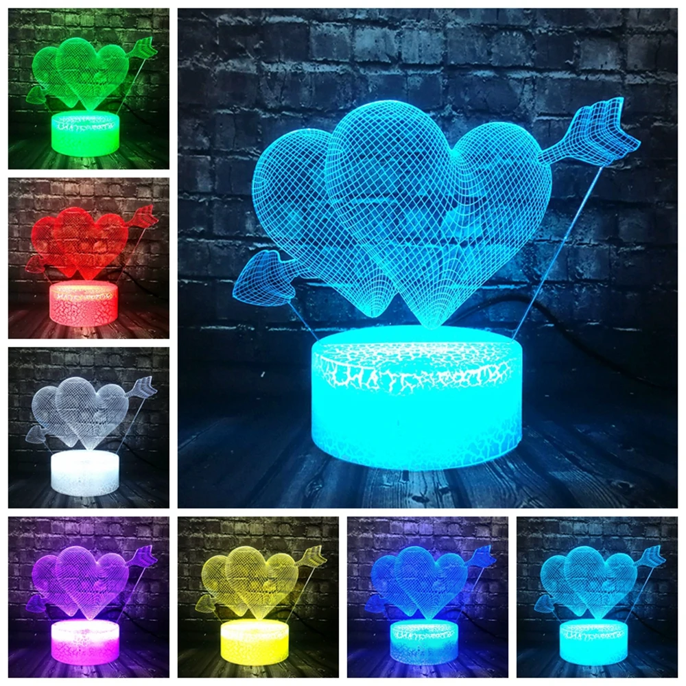 Романтическая любовь Купидон стрела через Двойное сердце 3D светодиодный USB лампа Милая влюбленные Свадебные украшения Красочный ночной светильник подарок