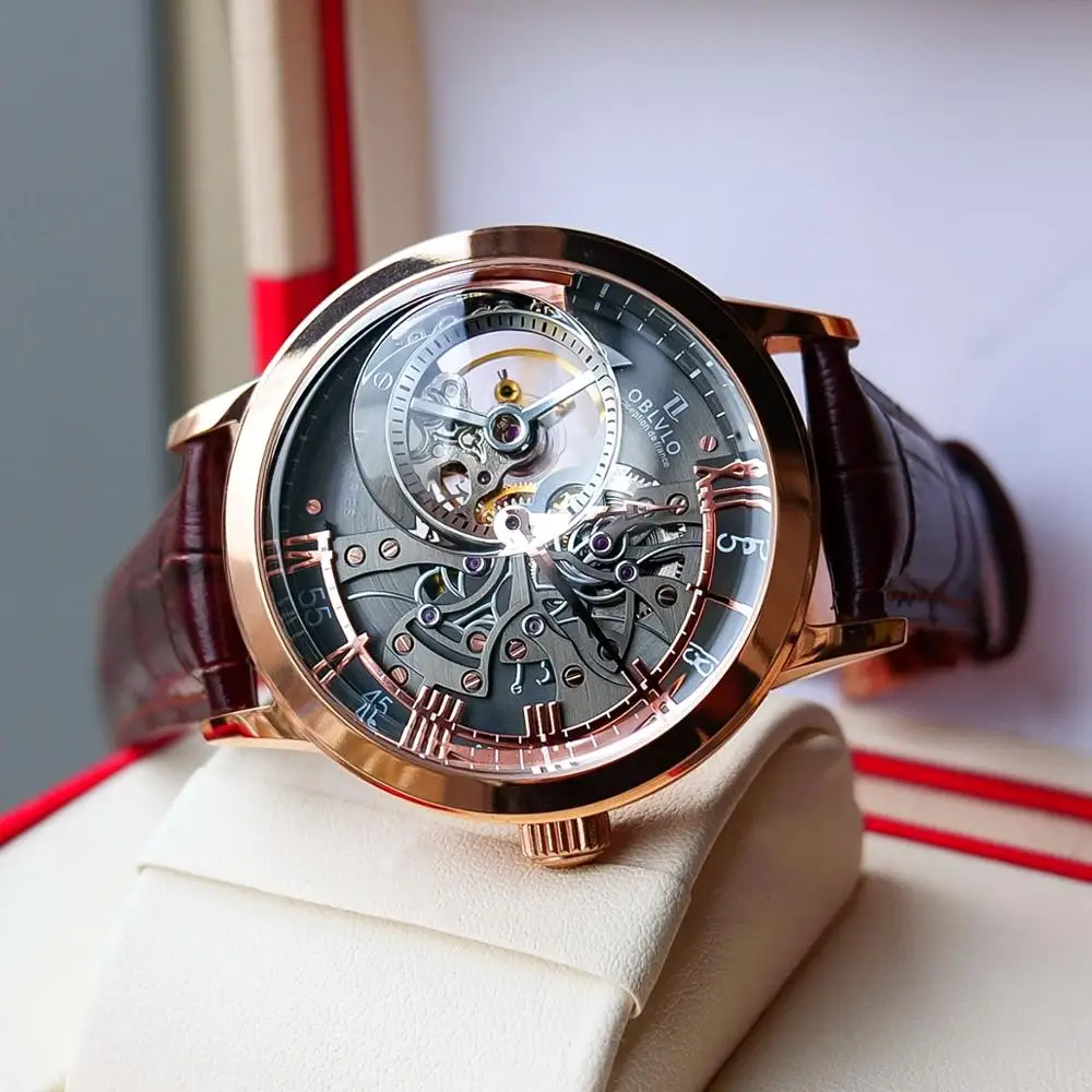 Watches Mens Leather-Band Skeleton Dial Rose-Gold OBLVLO Vm-1 Casual Montre for Homme