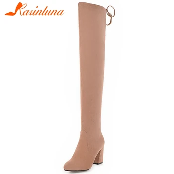 

KARINLUNA Ladies High Hoof Heels Boots Elegant Solid Street Thigh High Boots Women Sexy Slim over-the-knee Shoes Woman