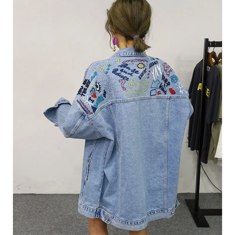 

England BF Style Spring New Style Cool Back Embroidered Graffiti Mid-length Loose-Fit Jeans Coat Female Jacket