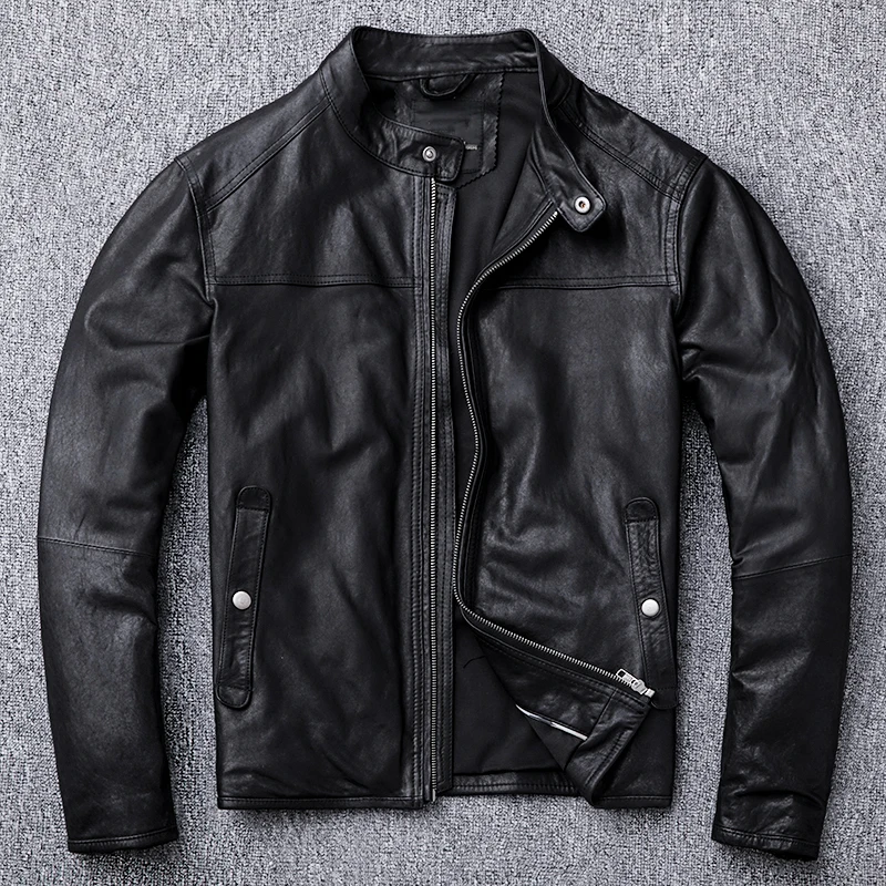 

100% Natural Soft Sheepskin Tanned Leather Jacket Black Men's Motocycle Jackets Motor Clothing Biker Coat Autumn Biker Jacket