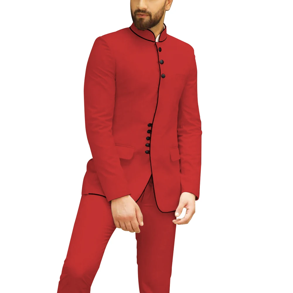 Вечерние мужские костюмы с воротником «Мандарин», комплект из 2 предметов, свадебный банкет, платье для жениха, деловой умный Повседневный скромный мужской костюм s(Блейзер+ брюки - Цвет: red
