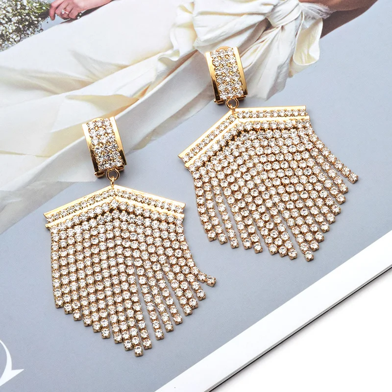 

High-Quality Gold Metal Clear Rhinestone Long Drop Earrings Dangle Crystal Chain Tassel Jewelry Accessories For Women Wholesale