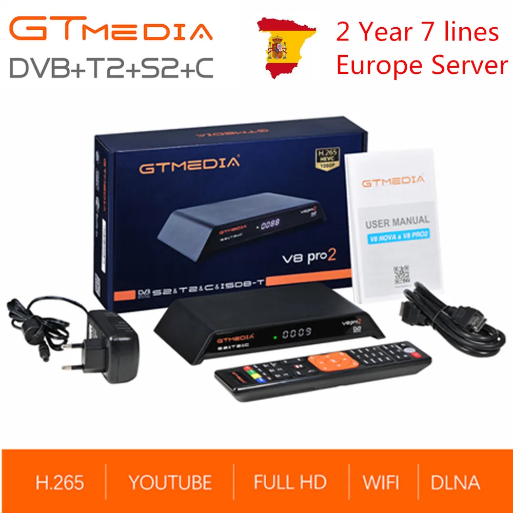 

GTmedia V8 Pro2 DVB-T2S2+C Cable Combo Digital Terrestrial Satellite TV Receiver Built-in WIFI H.265 With 2 Year Europe 7 line
