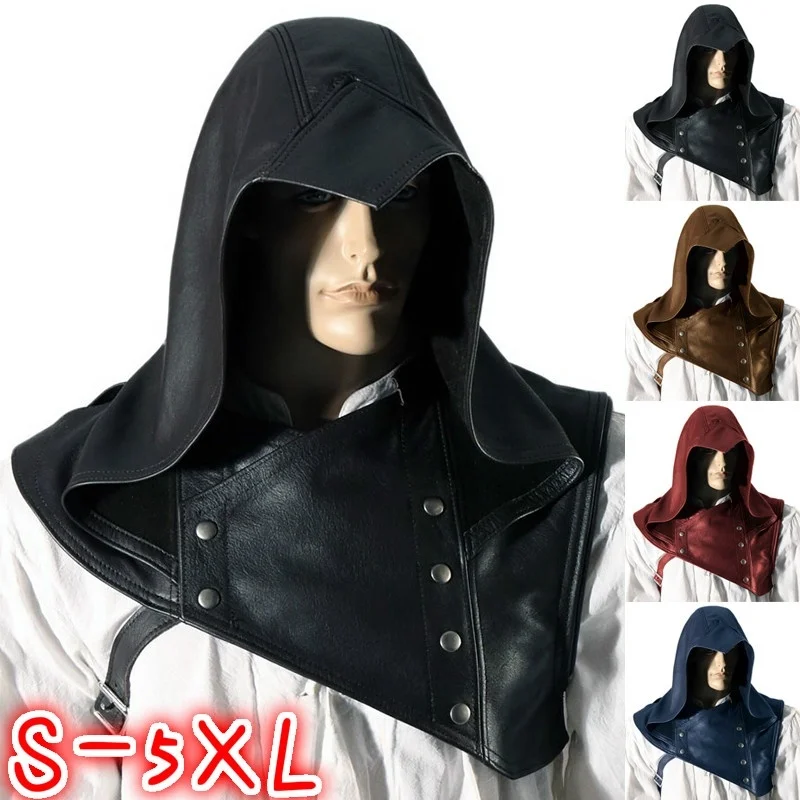 4 Colors Fashion Men Medieval Renaissance Leather Cowl Vintage Assassin Hood Cowls Head Cover Plus Size S-5XL