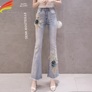 

Women High Waist Flare Jeans 2020 Spring Summer Fashion Slim Long Stretchy Jeans Denim Jeans With Appliques High Waist Pants