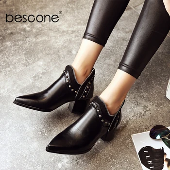 

BESCONE Winter Women Ankle Boots Slip-On Handmade High Heel Shoes Black Rivets Sexy Pointed Toe Square Heel Ladies Boots BM105