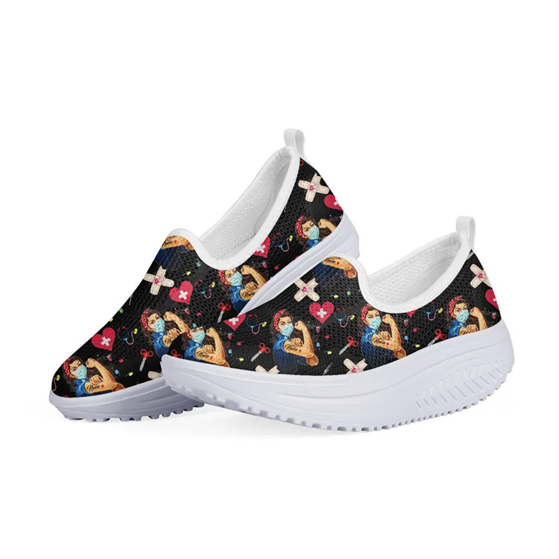 

WHEREISART Mesh Summer Women Shoes Nurse Pattern Black Ladies Flats Platform Height Increasing Ladies Shoes Casual Sneakers