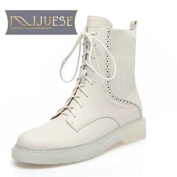 

MLJUESE 2021 women ankle boots soft Cow leather winter short plush lace up round toe high heels equestrian boots party dress