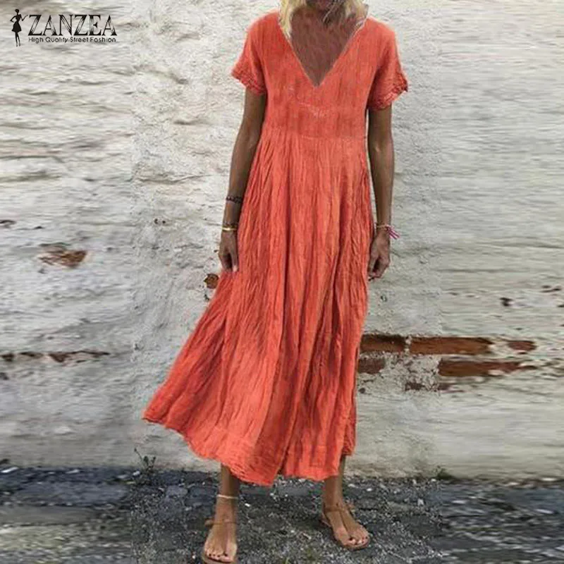 

Summer Short Sleeve Long Dress ZANZEA Vintage Women V neck Solid Sundress Kaftan Beach Dresses Casual Party Vestido Robe Femme