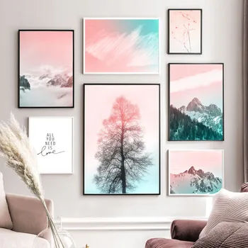 

Pink Sky Fog Snow Mountain Tree Wall Art Canvas Painting Nordic Posters And Prints Landscape Wall Pictures For Living Room Decor