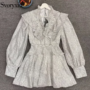 

Svoryxiu Sexy V Collar Backless Polka Dot Print Ruffle Dress Women's Long Sleeve Spring Summer Fashion Mini Dresses