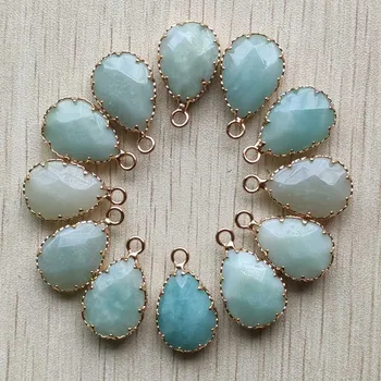 

wholesale 12pcs/lot New Natural amazonite stone section water drop shape gold color Connector pendants for jewelry making free