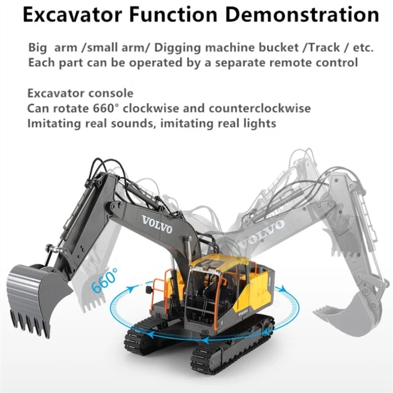 Simulation 3-in-1Multi-functional RC Construction Excavator 660 Degree Rotation Alloy Bucket Gripper Bit Imitate Sound RC Truck 4
