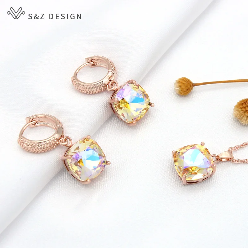 S&Z DESIGN New Fashion Temperament Colorful Square Crystal Dangle Earrings Jewelry Sets For Women Wedding Pendant Necklace Gift