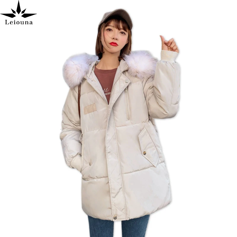 

Leiouna winter fashion slim jacket korean white warm fur hooded hood parkas women vintage Streetwear Casual coat