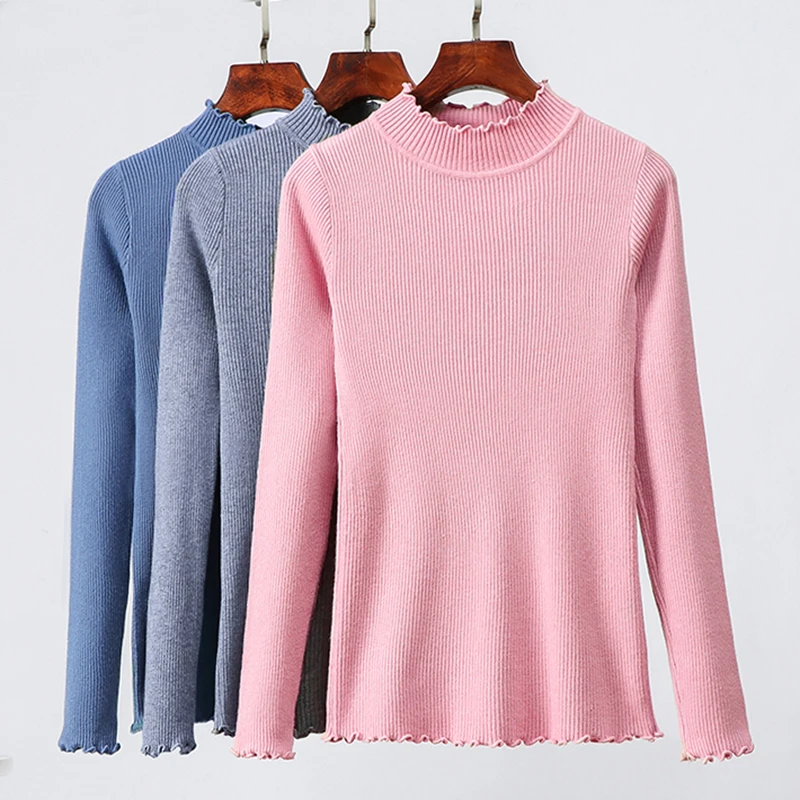 

Turtleneck Ruched Women Sweater High Elastic Solid 2020 Fall Winter Fashion Korean Sweater Women Slim Ruffle Knitted Pullovers