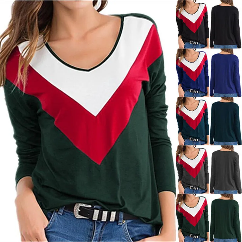 

Autumn Women Long Sleeve Colorblock Round Collar Loose Street Style Cool T-shirt(S-5XL)