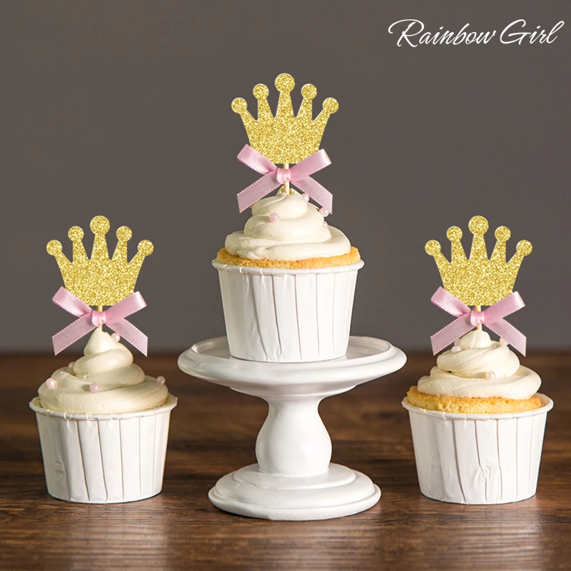 Decorations De Fete De Princesse Pour Premier Anniversaire En Argent Ou Or A Paillettes Et En Rose Couronnes A Cupcakes Decorations Pour Fete Prenatale Ou Royale Choix Alimentaires Aliexpress